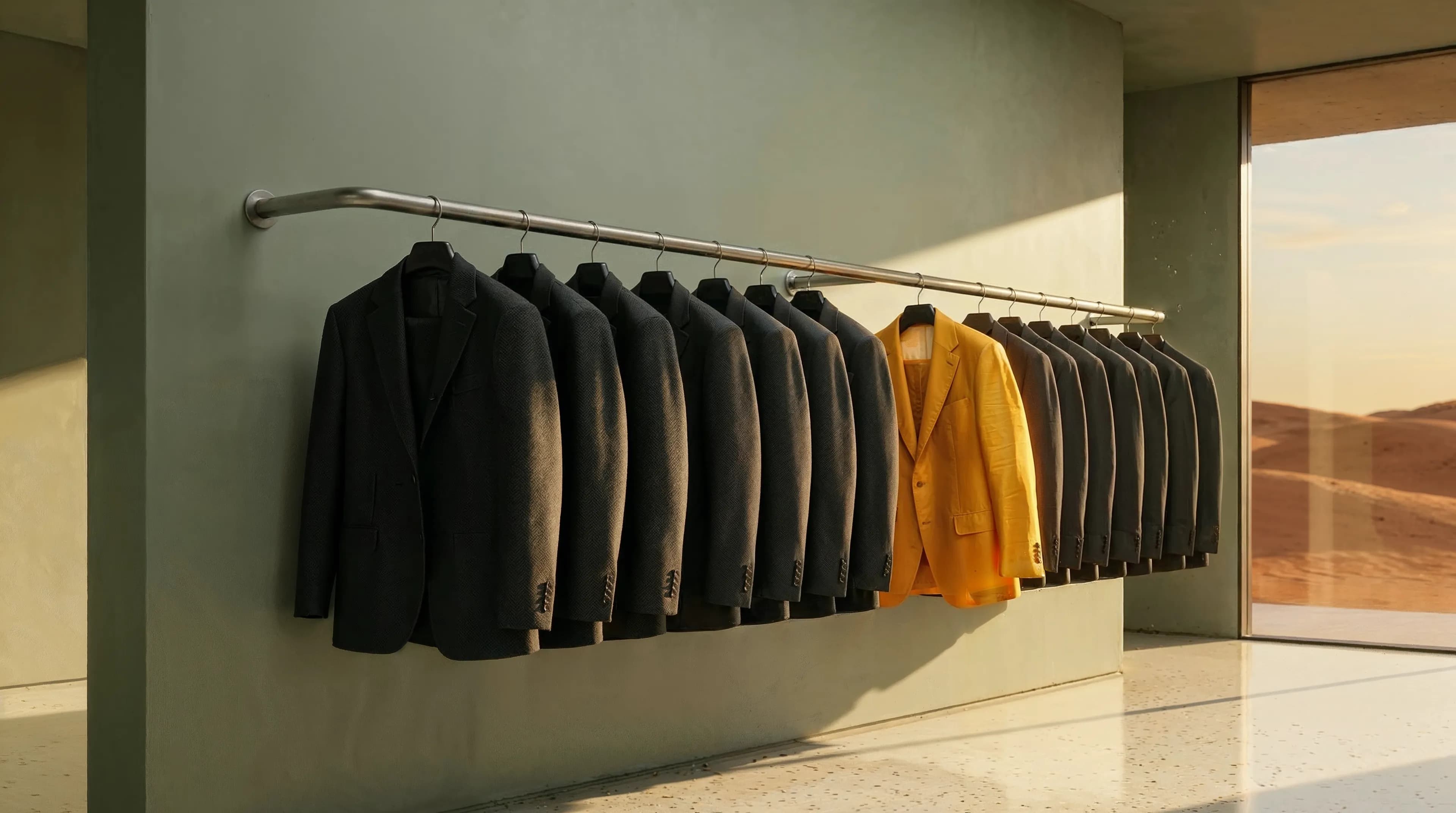Row of dark suits on a rack with one bright yellow jacket standing out