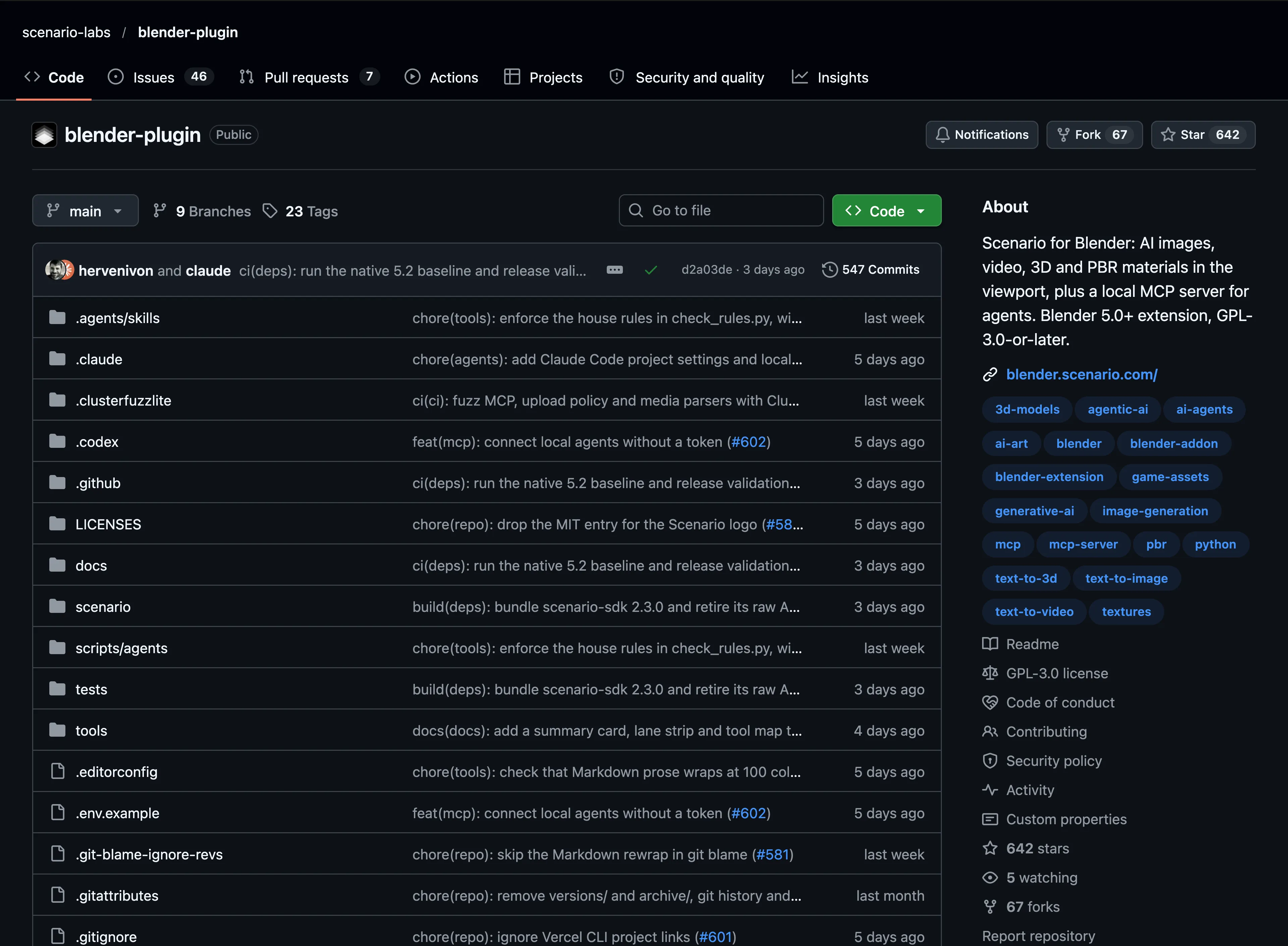 The scenario-labs/blender-plugin repository on GitHub