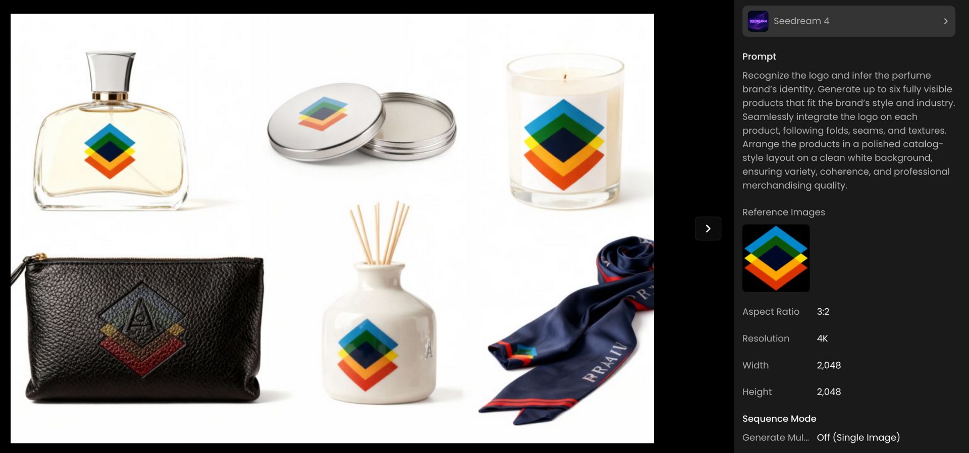 Scenario Luxury gift collection merchandising editing in Scenario. including a bottle, candle, tin, pouch, reed diffuser, and scarf, all featuring a colorful geometric stacked diamond logo on a white background for premium branding and merchandising SEO.