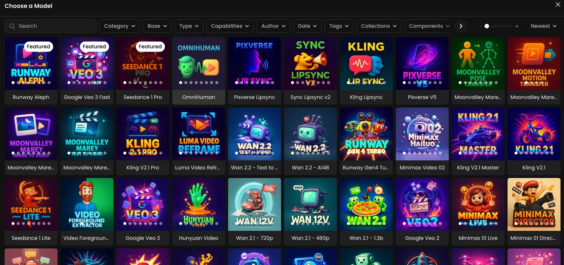 Screenshot showing a selection grid of AI video and animation models, including Runway, Google Veo, Pixverse, and Moonvalley, on a model browsing interface.