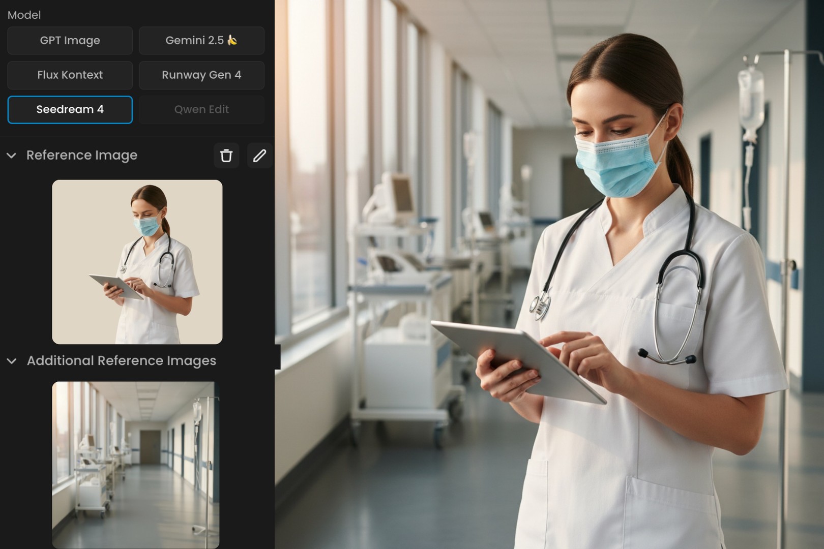 Female nurse wearing a mask and stethoscope using a digital tablet in a hospital corridor with medical equipment visible.