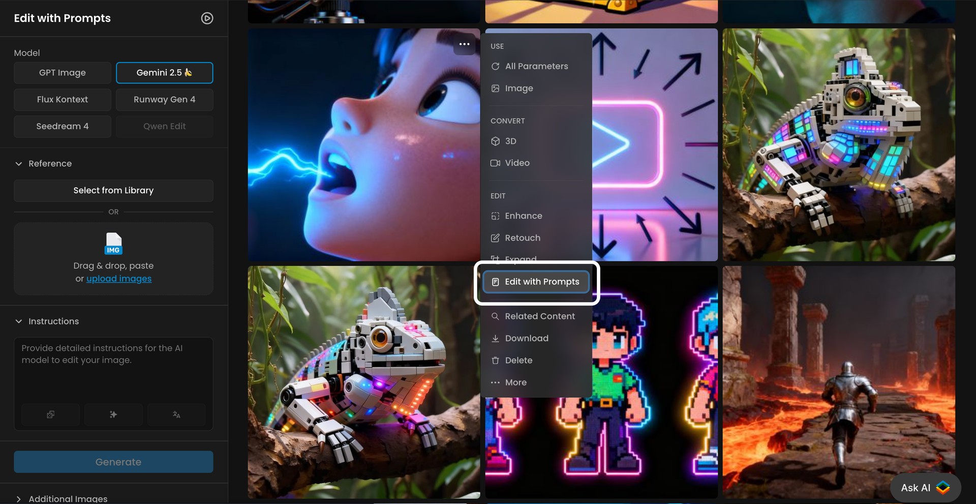 Screenshot of an AI image editor interface with options for model selection, image upload, prompt editing, and colorful generated images including a robotic chameleon and pixel art characters for SEO.