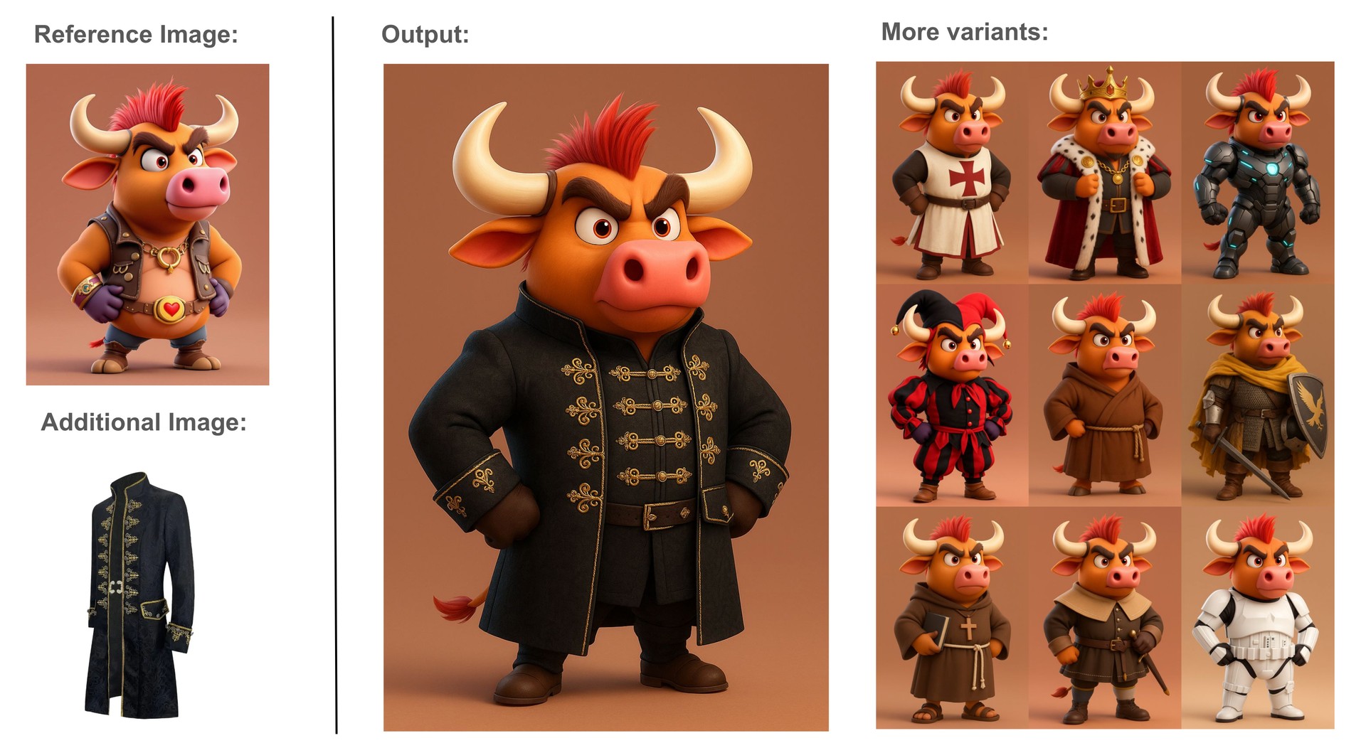 Cartoon bull character in black embroidered coat with various fantasy and historical costumes, including knight, king, jester, and robot armor.