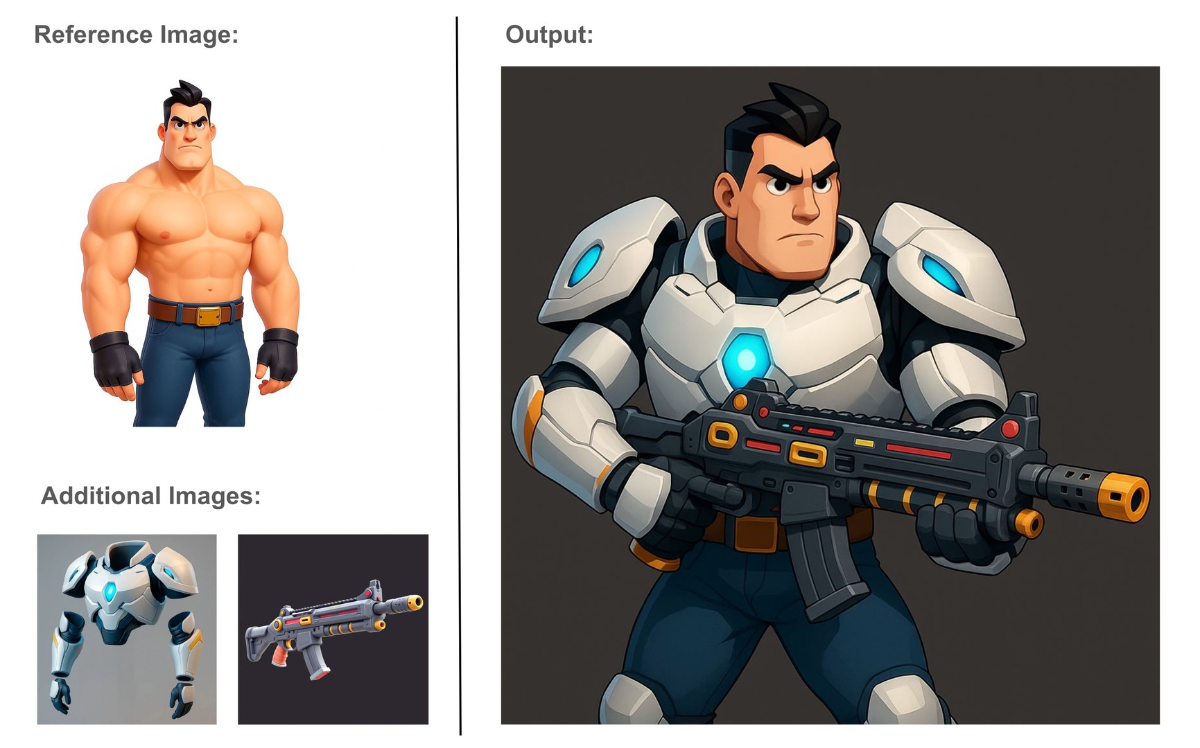Cartoon superhero character in futuristic armor holding a sci-fi gun, inspired by reference and additional suit and weapon images.