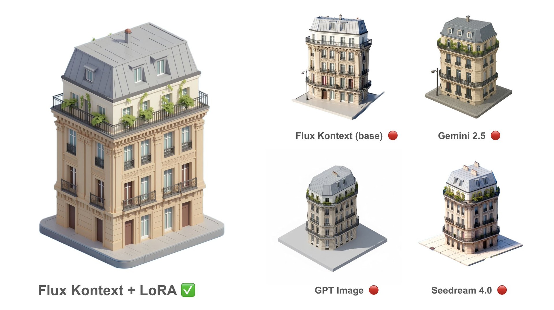 Comparison Between Flux Kontext LoRA and GPT, Seedream and Gemini