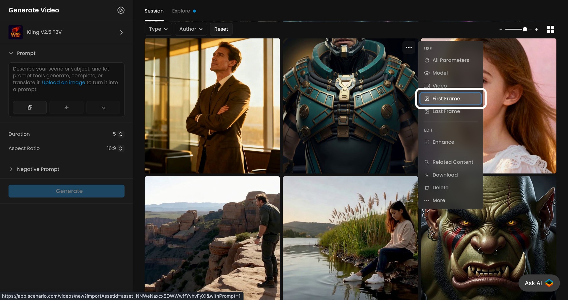 Screenshot of an AI video generation platform displaying various image thumbnails, including a business professional, armored character, and fantasy orc, for content creation.