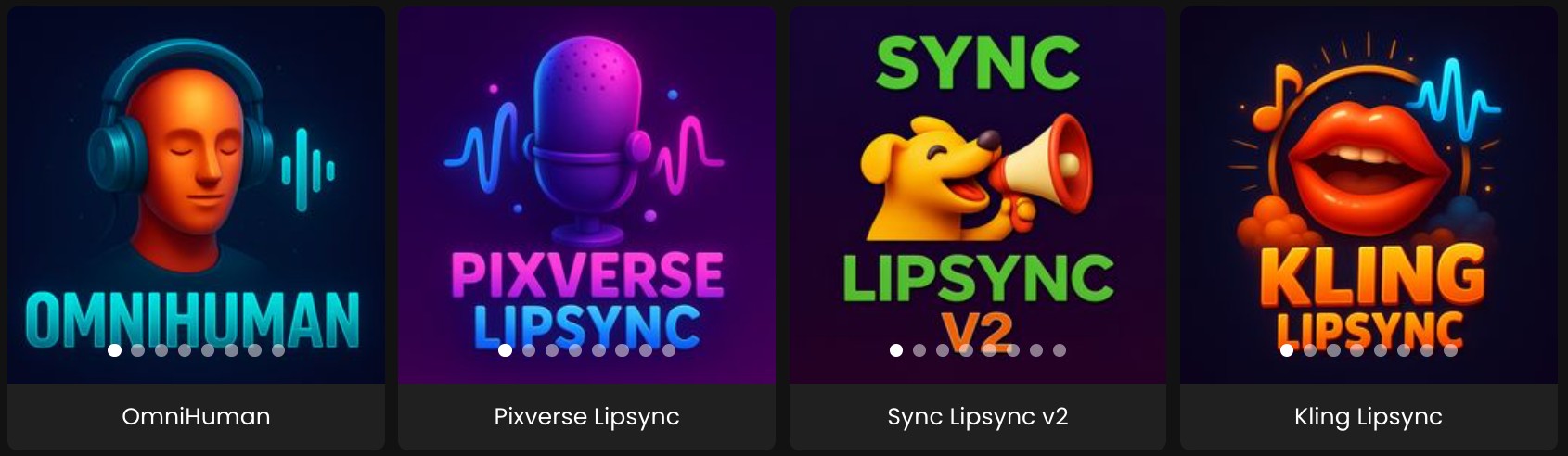 Four colorful promotional banners in dark backgrounds showing different digital personas: a 3D human head with headphones and sound waves, a purple microphone with waveforms, a yellow cartoon dog with megaphone, and orange lips with sound visualization.