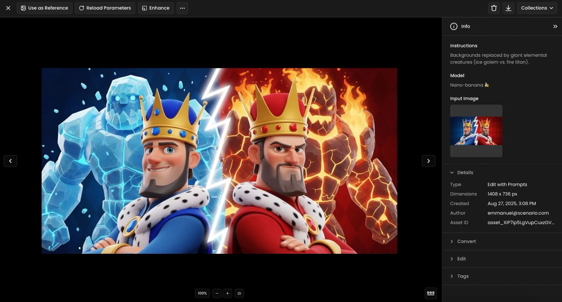 Two cartoon kings stand back to back, each facing an elemental golem—an ice golem on the blue side, and a fire titan on the red side—with lightning splitting the scene. Perfect for Clash Royale or fantasy gaming visuals.