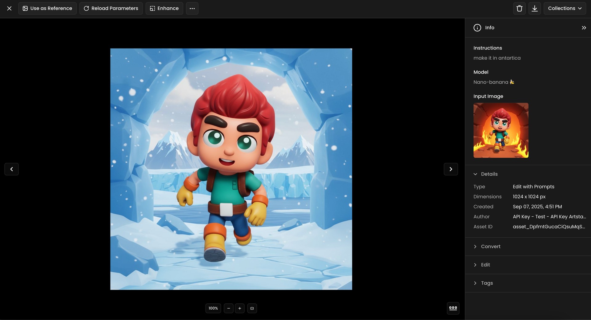 3D cartoon boy with red hair and winter outfit running in icy Antarctica with snow and mountains in the background.