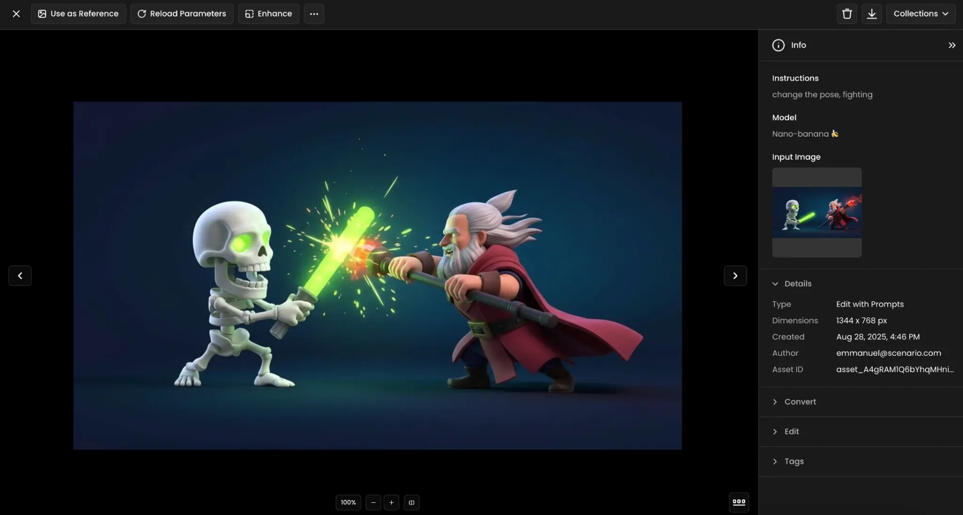 3D illustration of a skeleton with glowing eyes fighting an old wizard, both using glowing staffs in a dark setting.