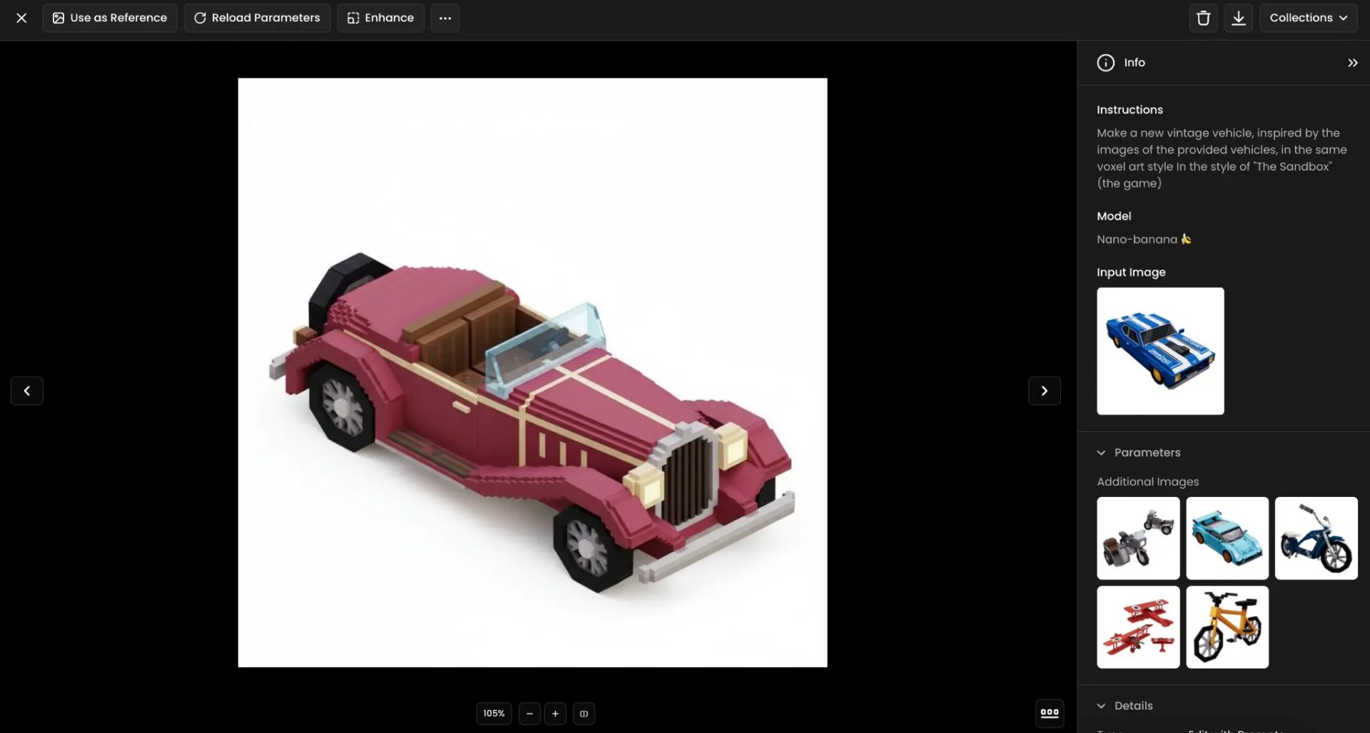 Voxel art style vintage convertible car in maroon color with brown seats and detailed headlights, inspired by The Sandbox game.