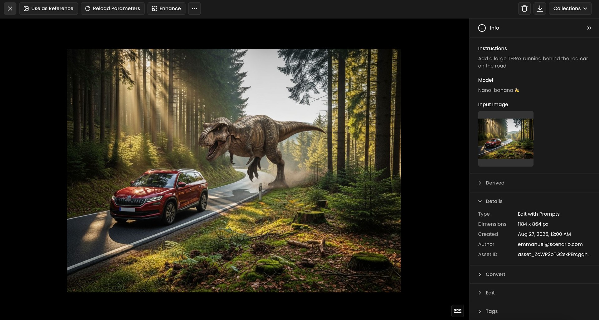 A large T-Rex dinosaur chases a red SUV on a winding forest road with sunbeams shining through the tall trees.