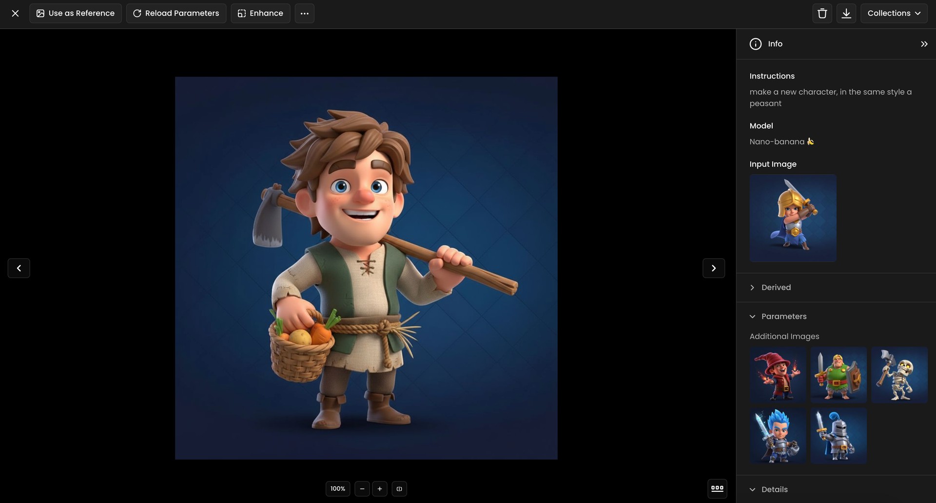 3D cartoon peasant character holding a basket of vegetables and a hoe, standing on a blue background, farming game style.