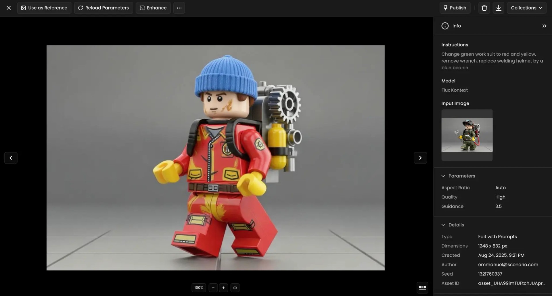 LEGO minifigure wearing red and yellow jumpsuit with blue beanie hat, carrying small backpack in industrial setting.
