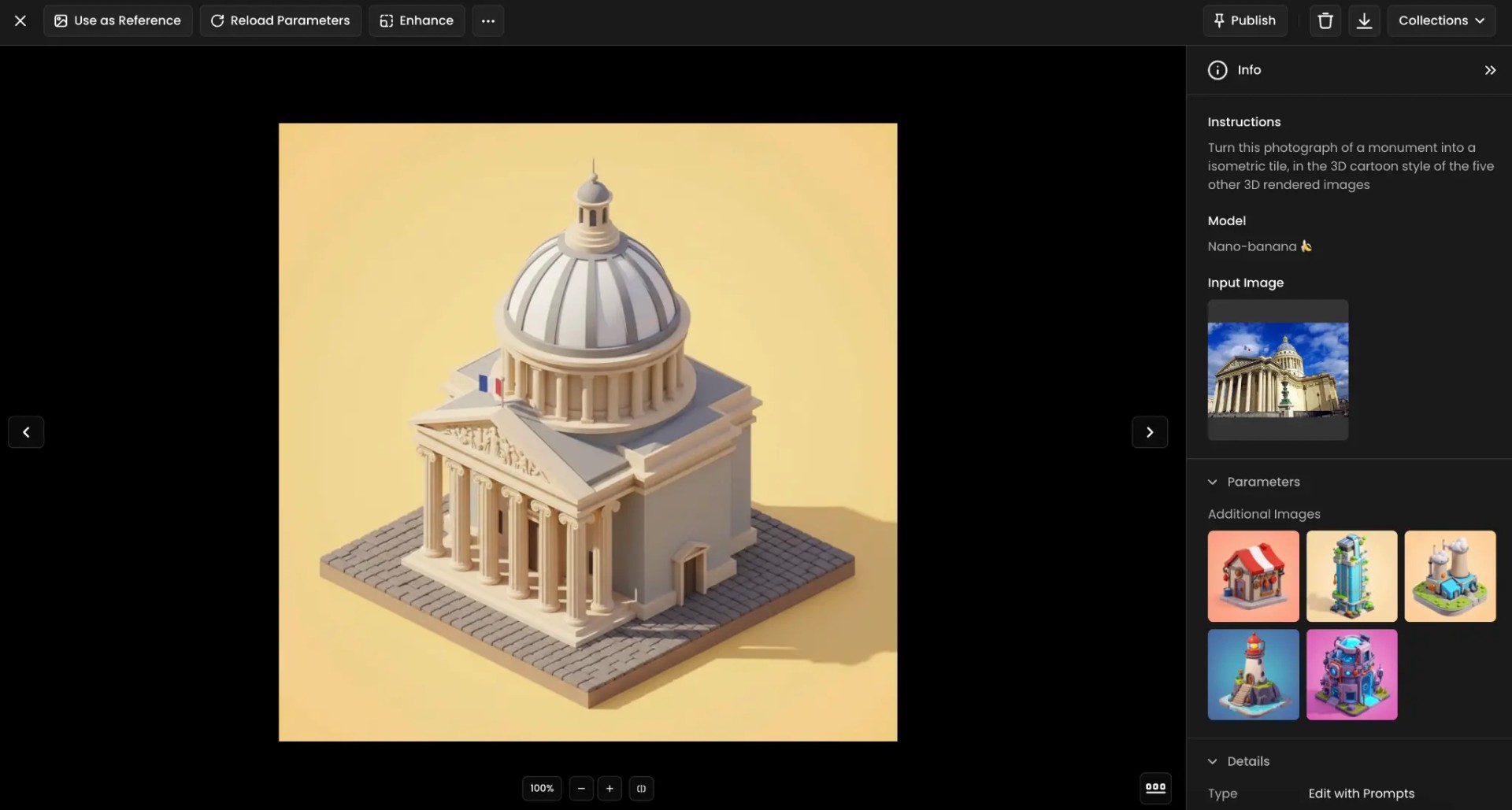Isometric 3D rendered neoclassical building with white columns and green dome on yellow background.