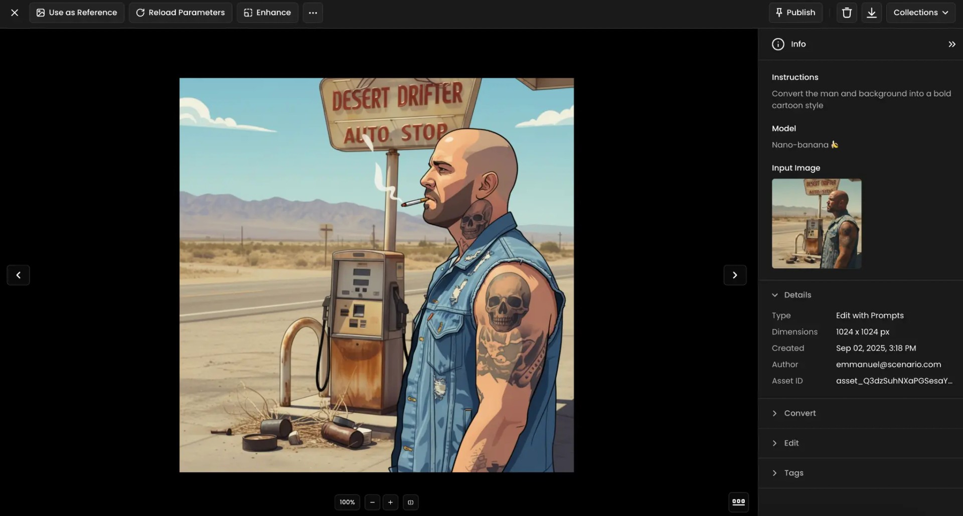 Tattooed bald man smoking cigarette at weathered desert gas station with vintage fuel pumps and desert landscape backdrop.