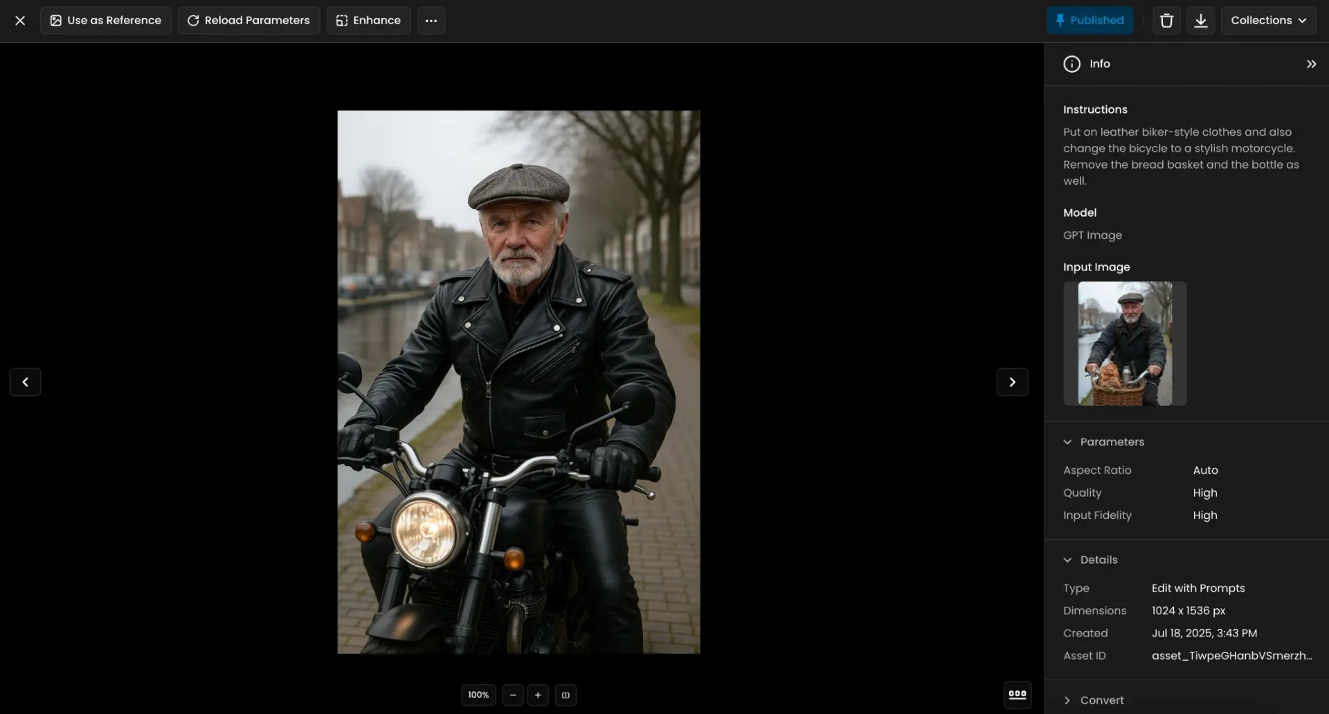 Older man wearing biker leather jacket riding a classic motorcycle on a city street, trees and canal in background.