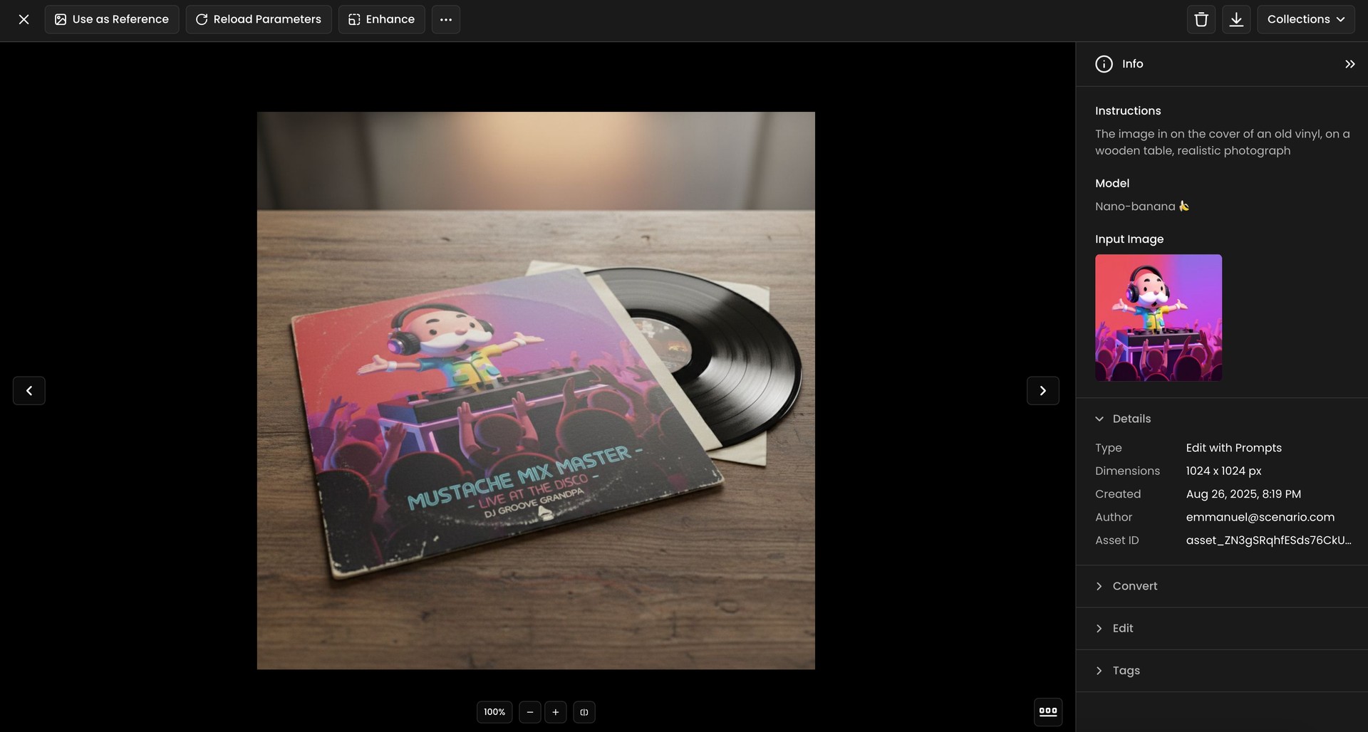 Realistic photograph of a vintage vinyl record and colorful illustrated album cover titled 'Mustache Mix Master' on a wooden table.