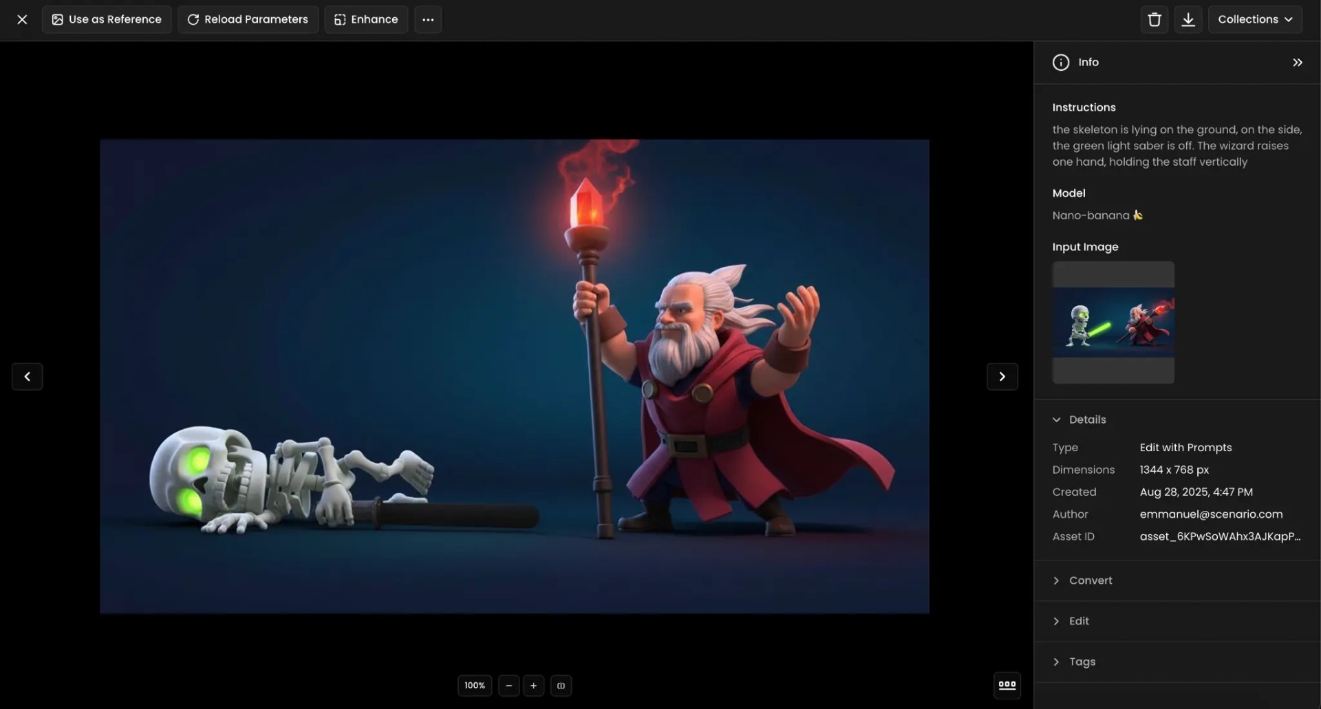 3D animated wizard with a red staff stands beside a skeleton with glowing green eyes and a lightsaber on the ground.