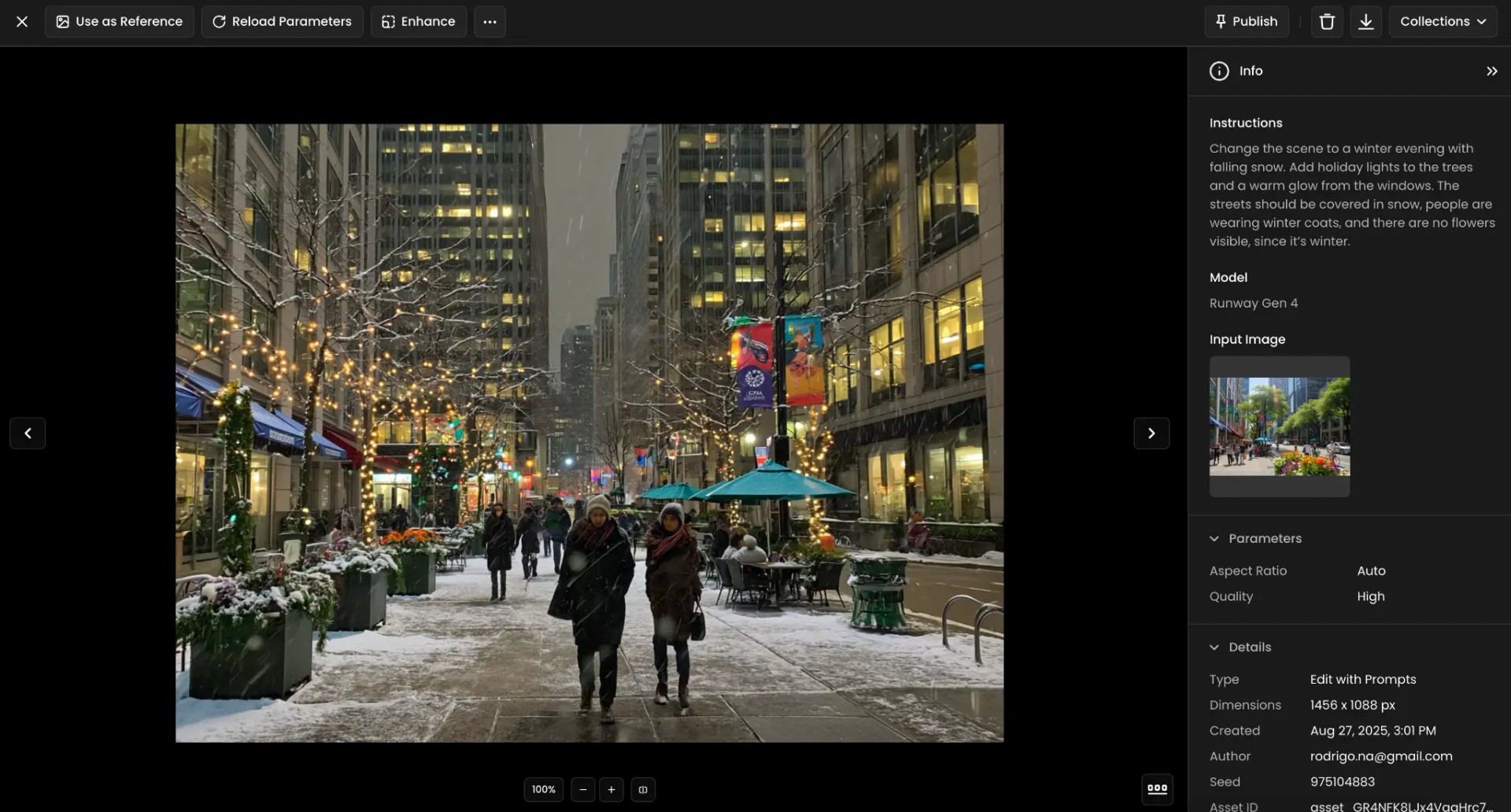 Snow-covered city street at night with people walking in winter coats, holiday lights decorating trees, and warm glowing windows in buildings.