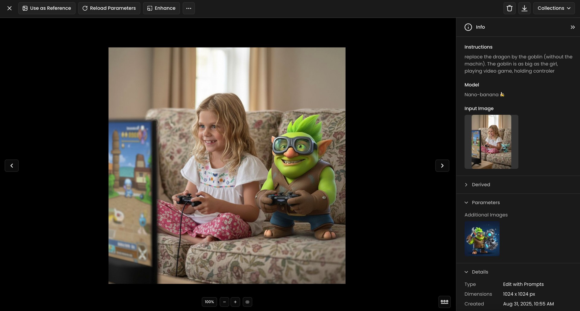 Young girl and friendly green goblin playing video games together on a sofa in a cozy living room setting.
