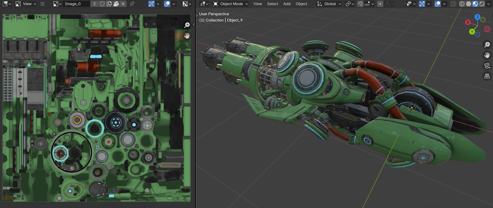 3D laser gun model in Blender alongside its UV texture map.