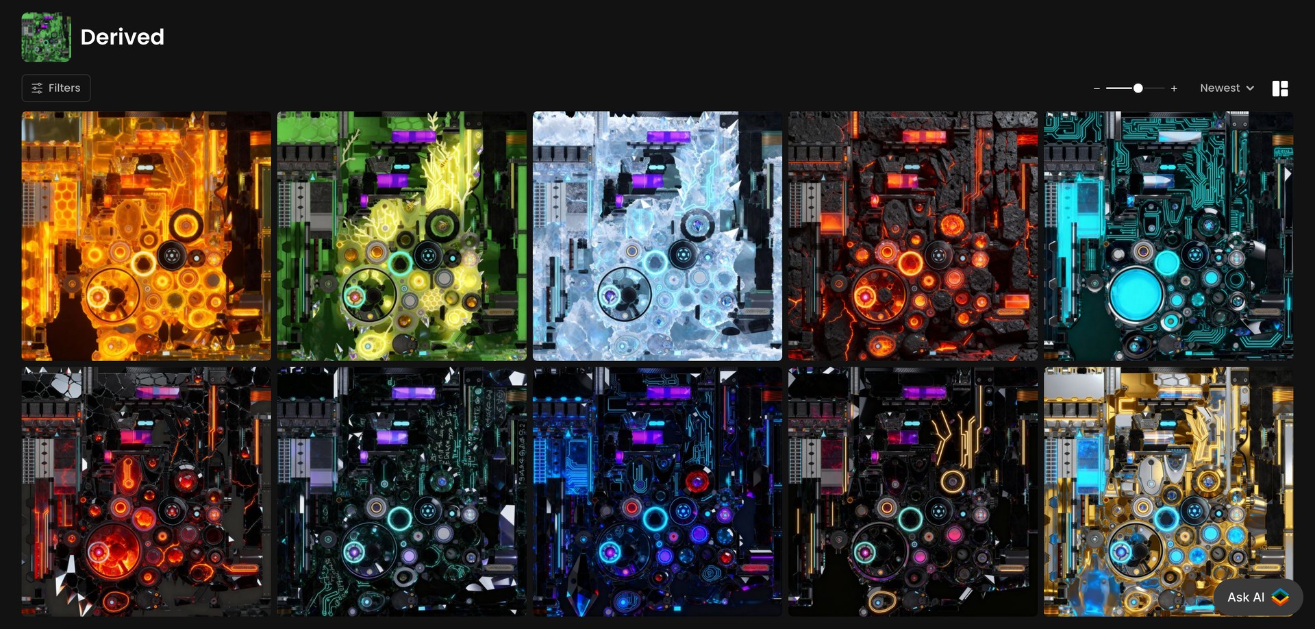 Colorful futuristic circuit board designs displayed in a grid, featuring glowing geometric shapes and vibrant electronic elements for technology themes.