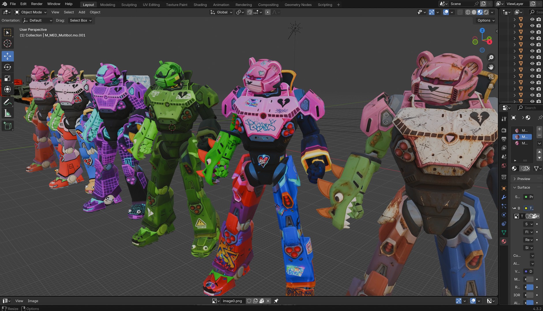 Four colorful and uniquely textured bear-shaped battle robots displayed in a 3D modeling software interface, ideal for game design or animation.