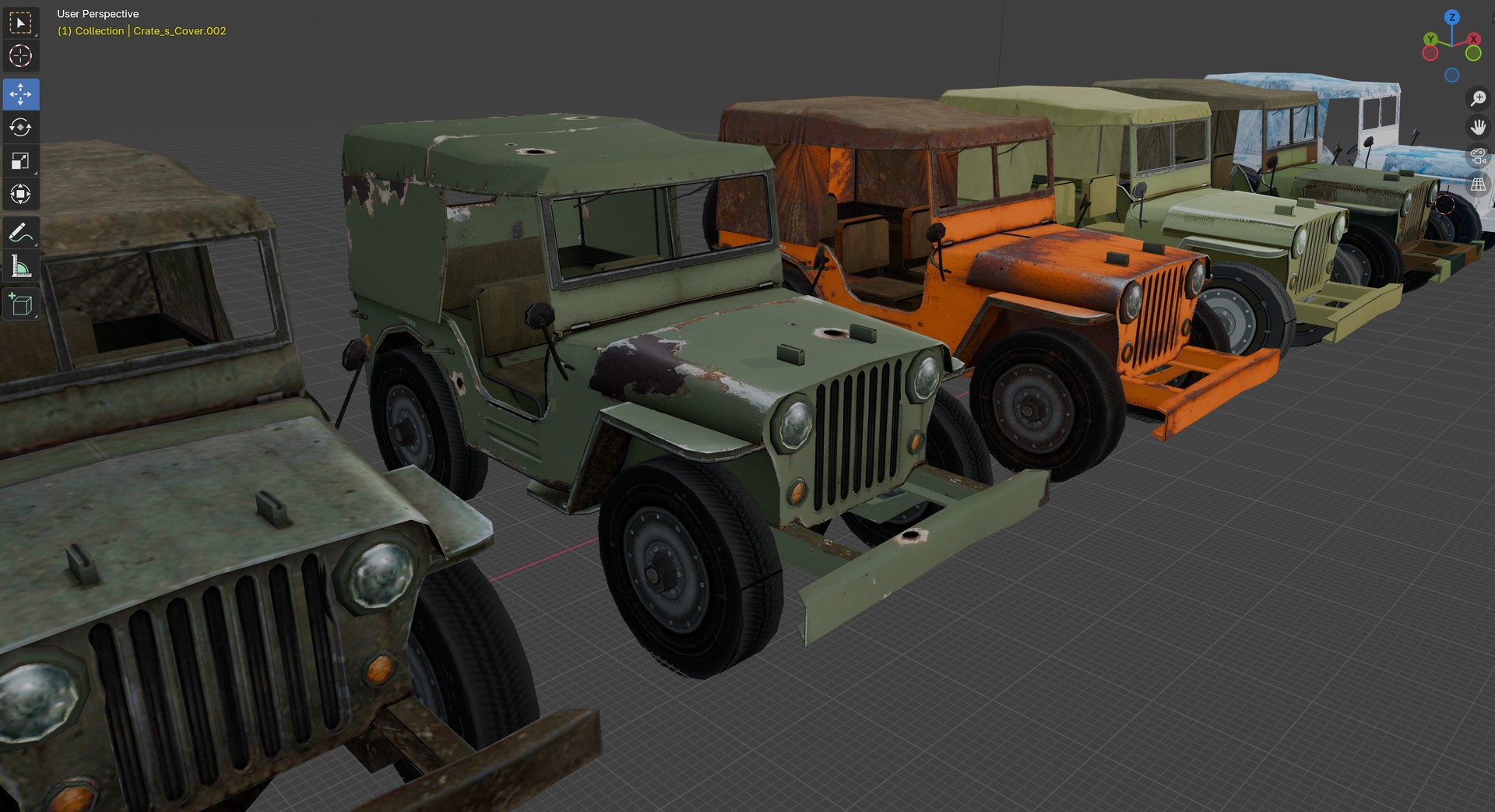 3D model render of old military jeeps in various colors and states of rust and wear, arranged in a row.