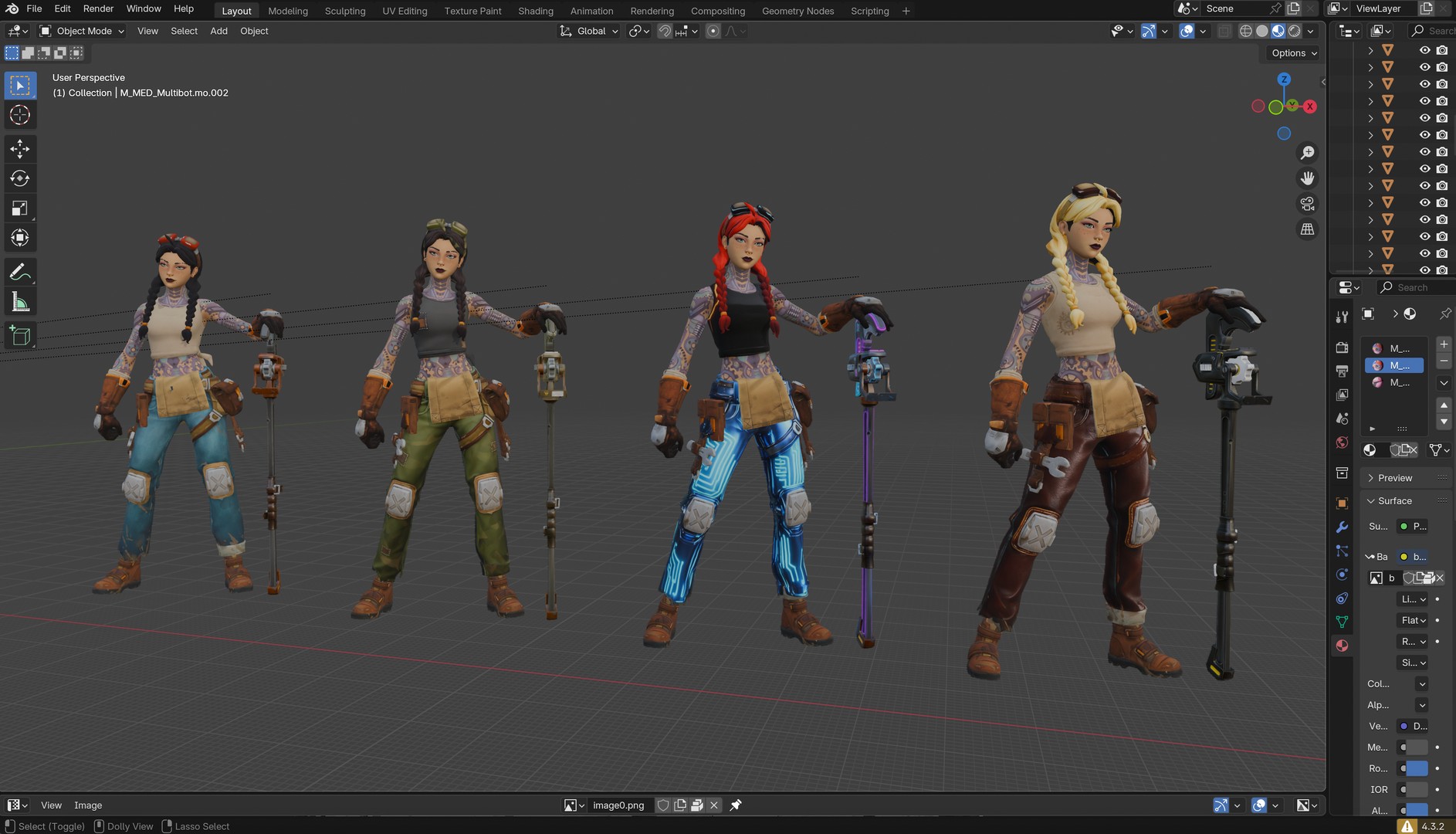 3D character models displayed in Blender software, showing four stylized female characters in steampunk outfits holding tools, ideal for game design or animation projects.