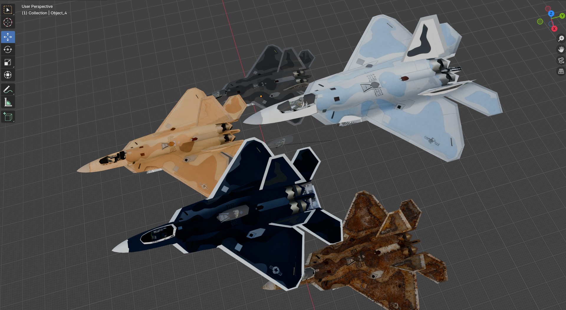 3D-rendered image of five fighter jet models with different camouflage textures in Blender workspace, showing tan, black, blue, arctic, and rusted designs.