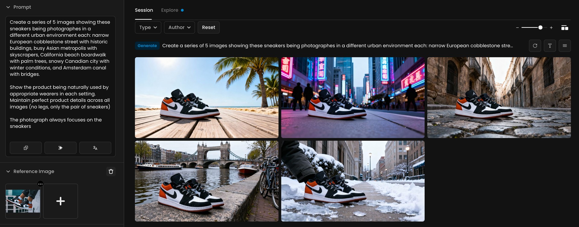 Collage of sneakers photographed in five urban settings: California beach boardwalk, Asian city at night, European cobblestone street, snowy city, and Amsterdam canal bridge.