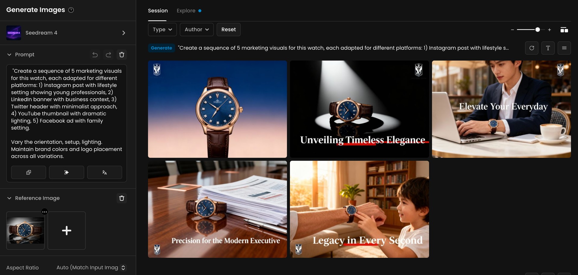 Screenshot showing five marketing visuals for a luxury watch, including business, lifestyle, and family settings, with varying lighting and branding elements.