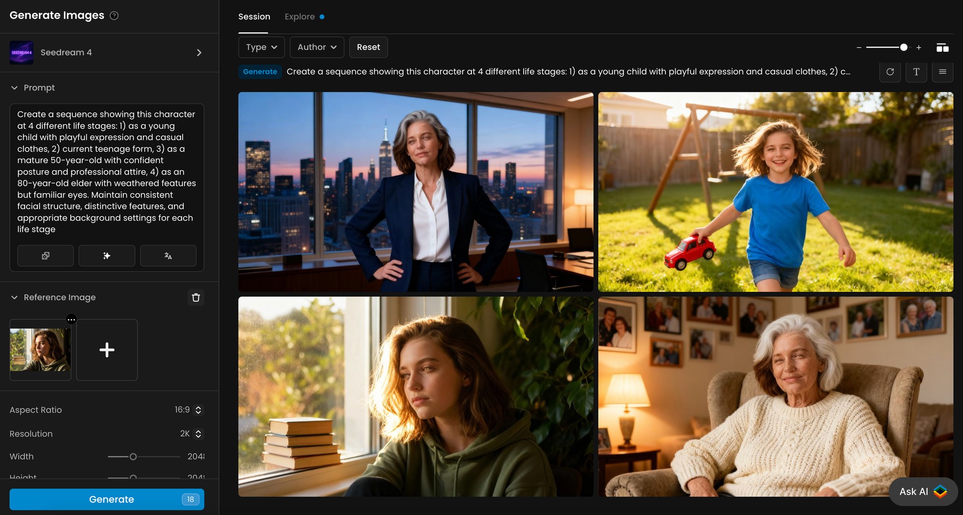 Four images showing the same female character at different life stages: childhood, teenage, professional adult, and elderly woman, in appropriate environments.
