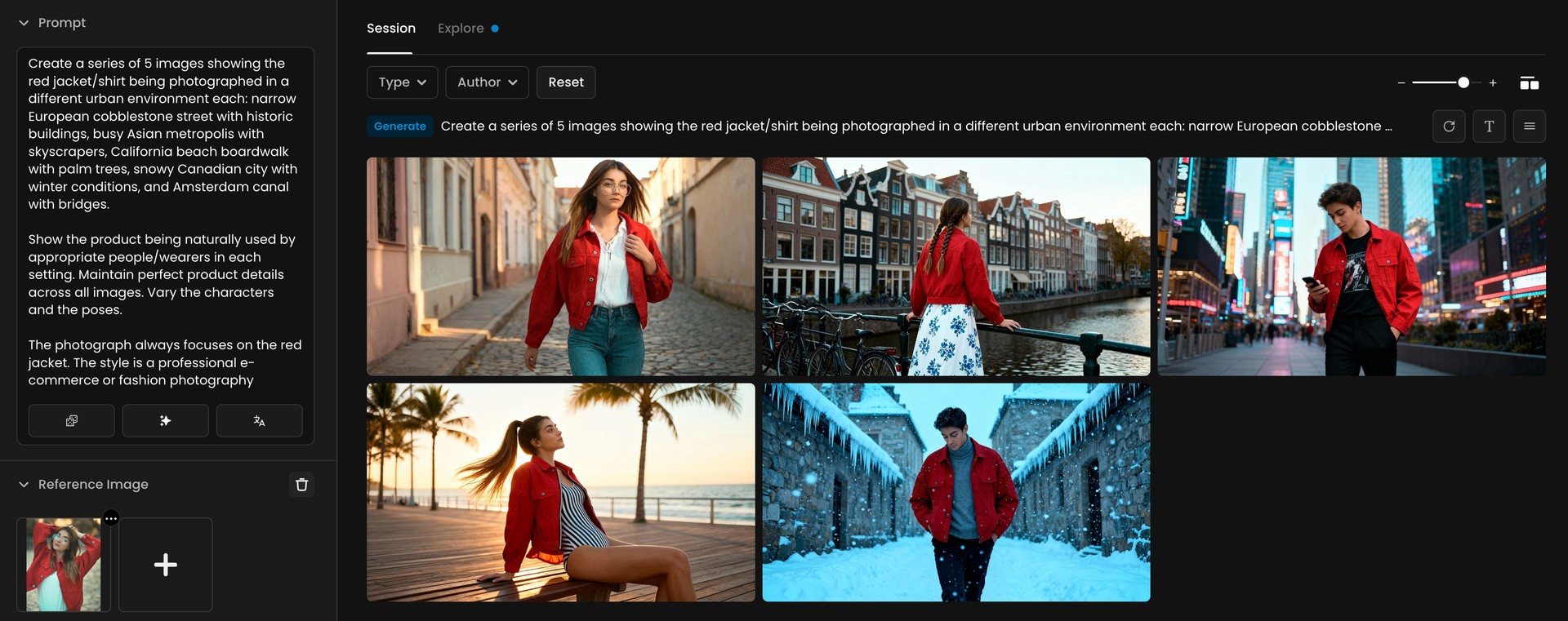 A collage of five professional fashion photos showing different people wearing a red jacket in distinct urban environments, including a European cobblestone street, Amsterdam canal, busy city with skyscrapers, snowy cityscape, and California beach boardwalk.