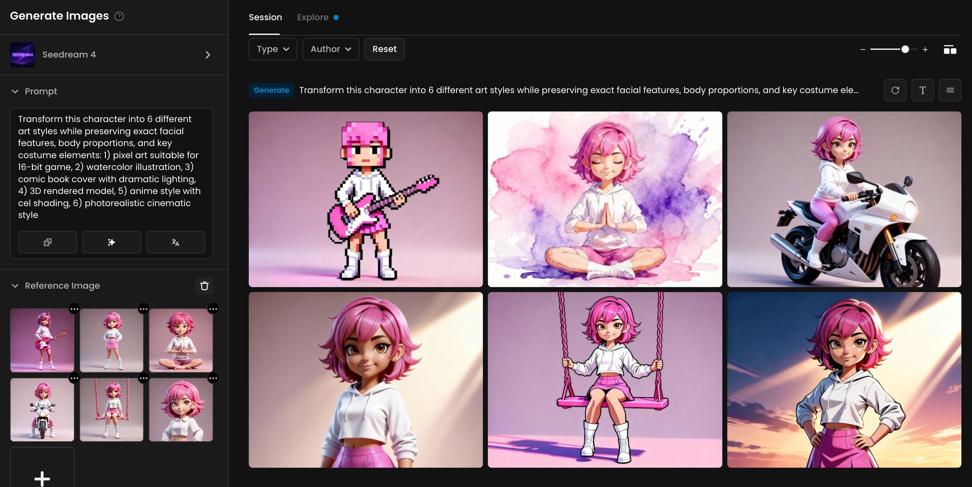 Six art styles of a pink-haired girl character: pixel art, watercolor, 3D model, anime, comic cover, and photorealistic illustration, all showing key costume elements for character design inspiration.