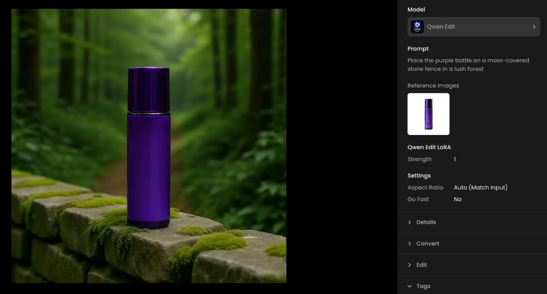 Qwen Edit workflow: turning a plain white-background skin care product photo into a nature shot.