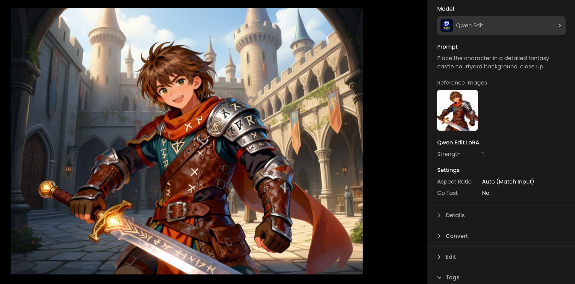 Qwen Edit workflow: turning a plain white-background charactert photo into an in-game shot.