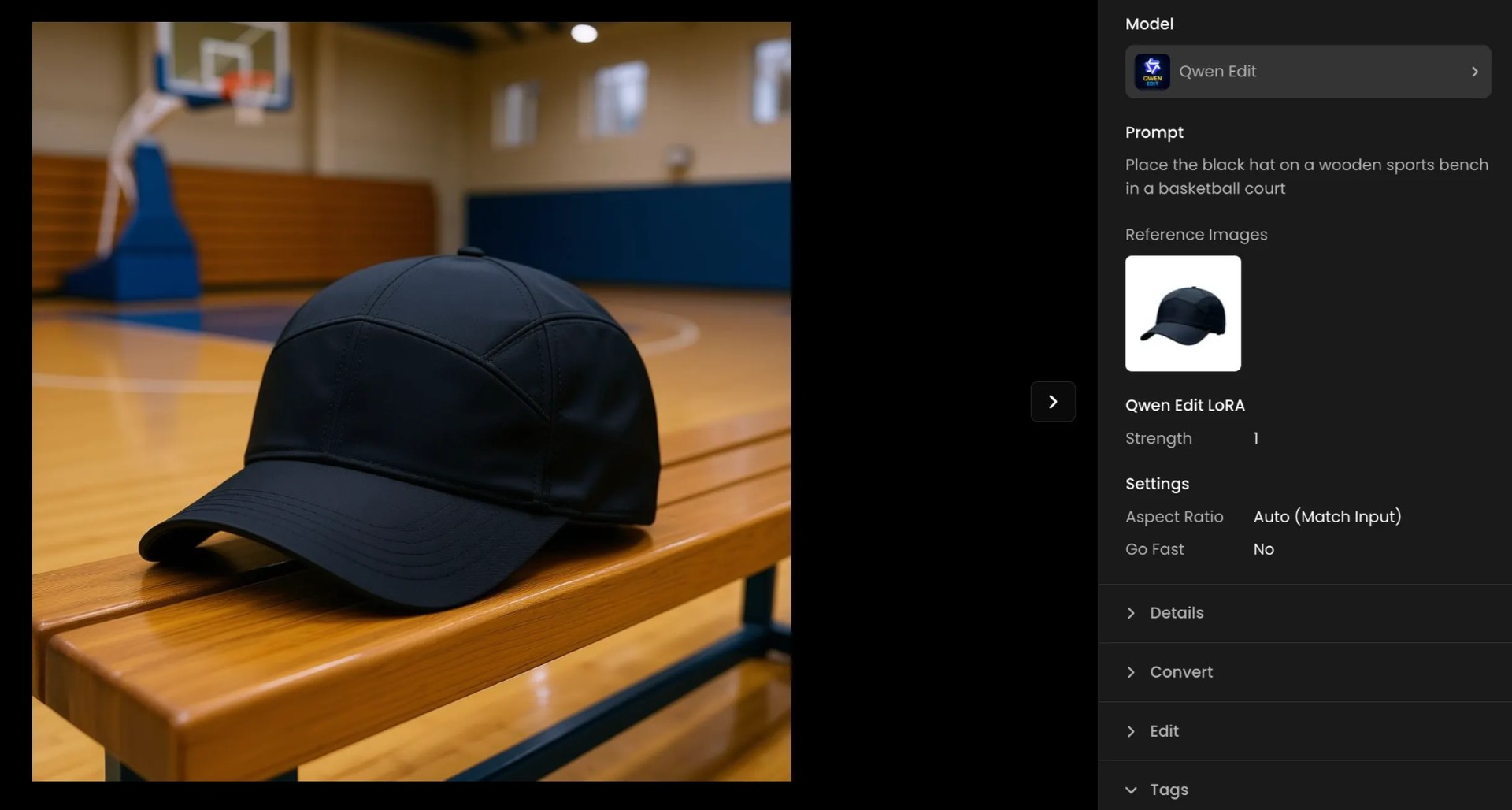 *Qwen Edit workflow: turning a plain white-background cap photo into a sports-scene shot.*