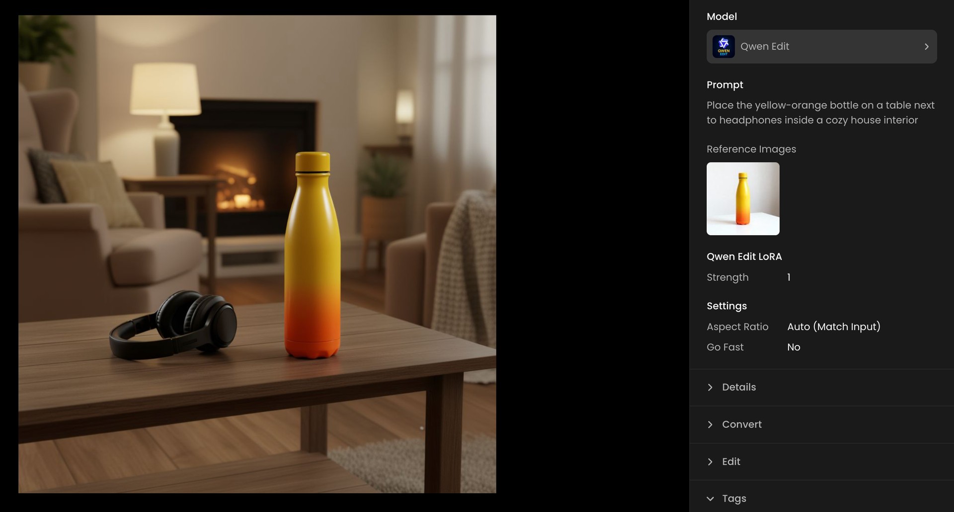 Qwen Edit workflow: turning a plain white-background bottle photo into a cozy shot.