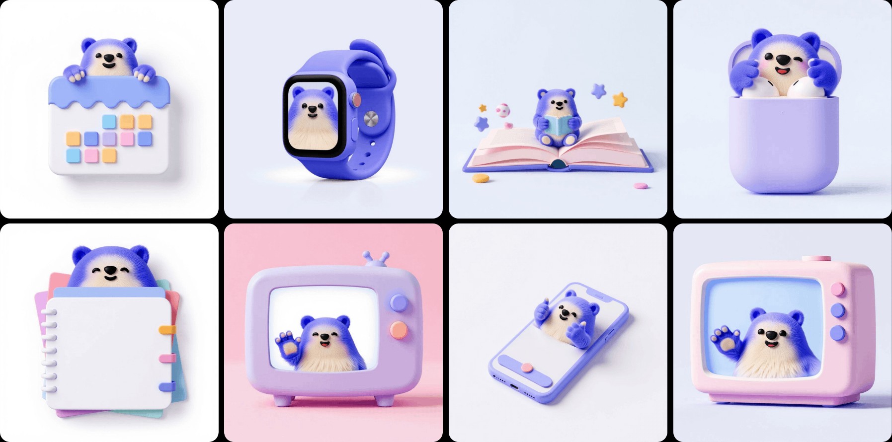 A set of icons featuring Alan’s blue marmot mascot in different contexts, generated using a Flux Composition on Scenario