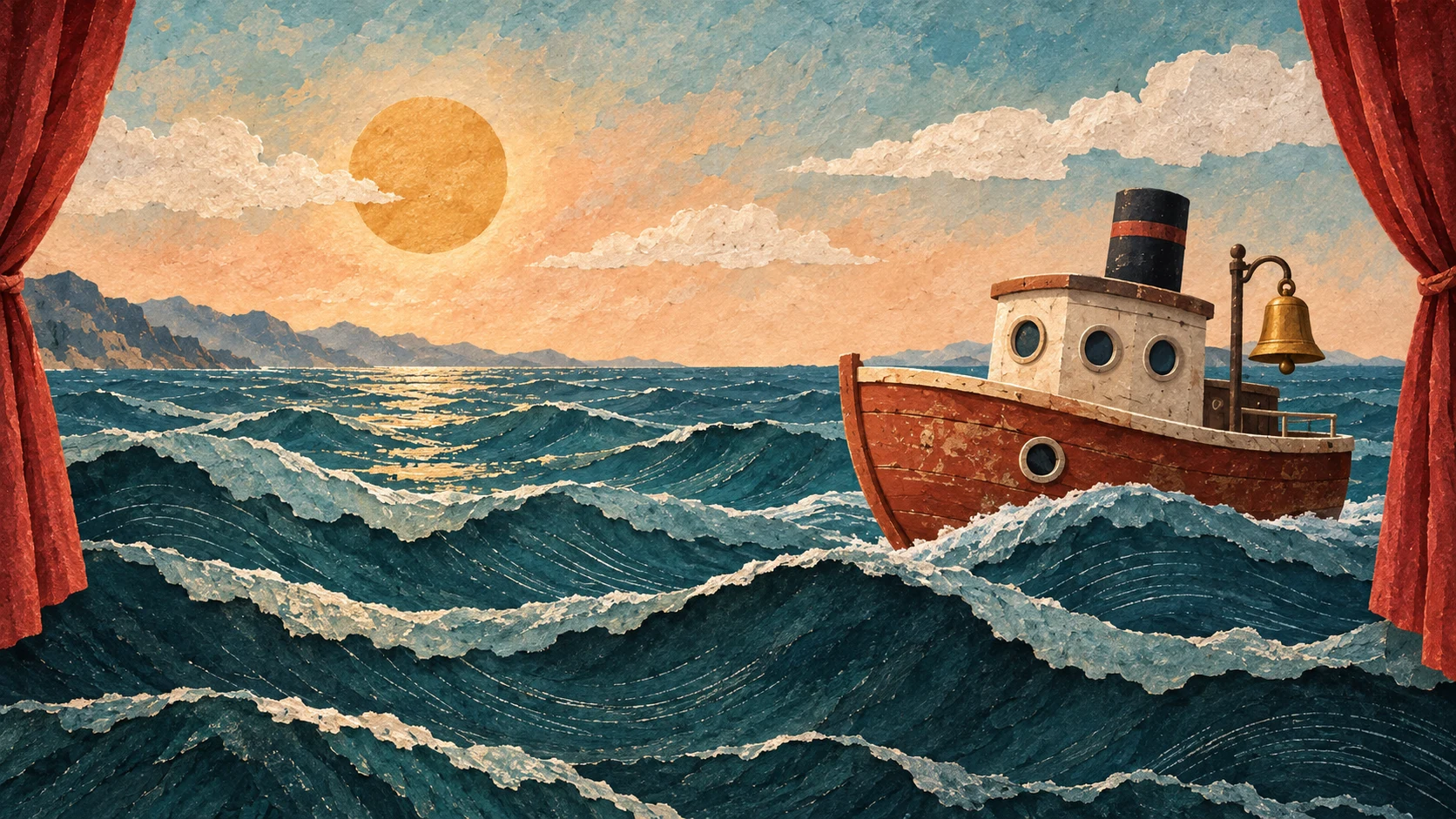 A terracotta ship sails through layers of painted teal waves