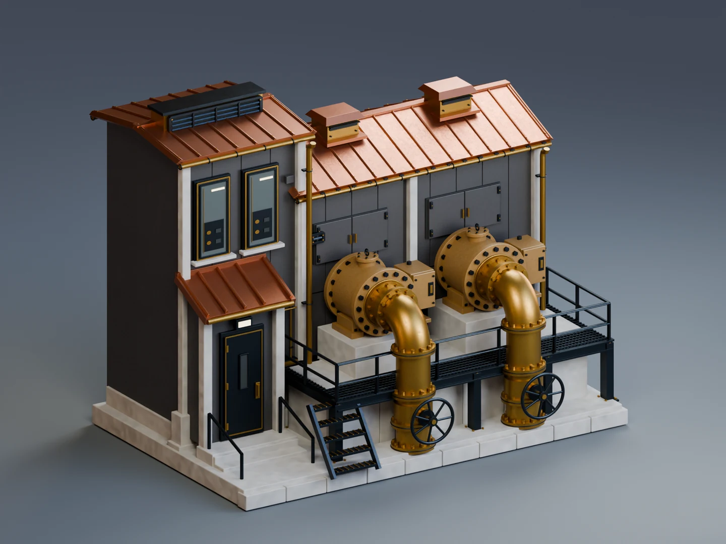 Same facility with charcoal cladding, copper roofing and brass pipework