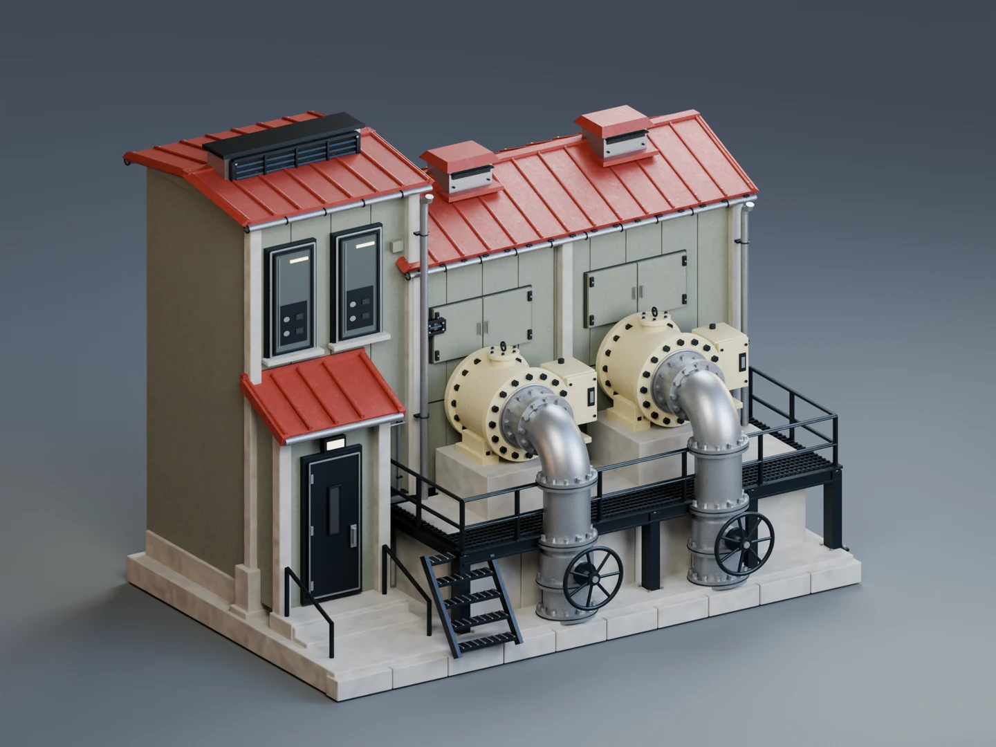 Industrial facility with sage cladding and red metal roofing