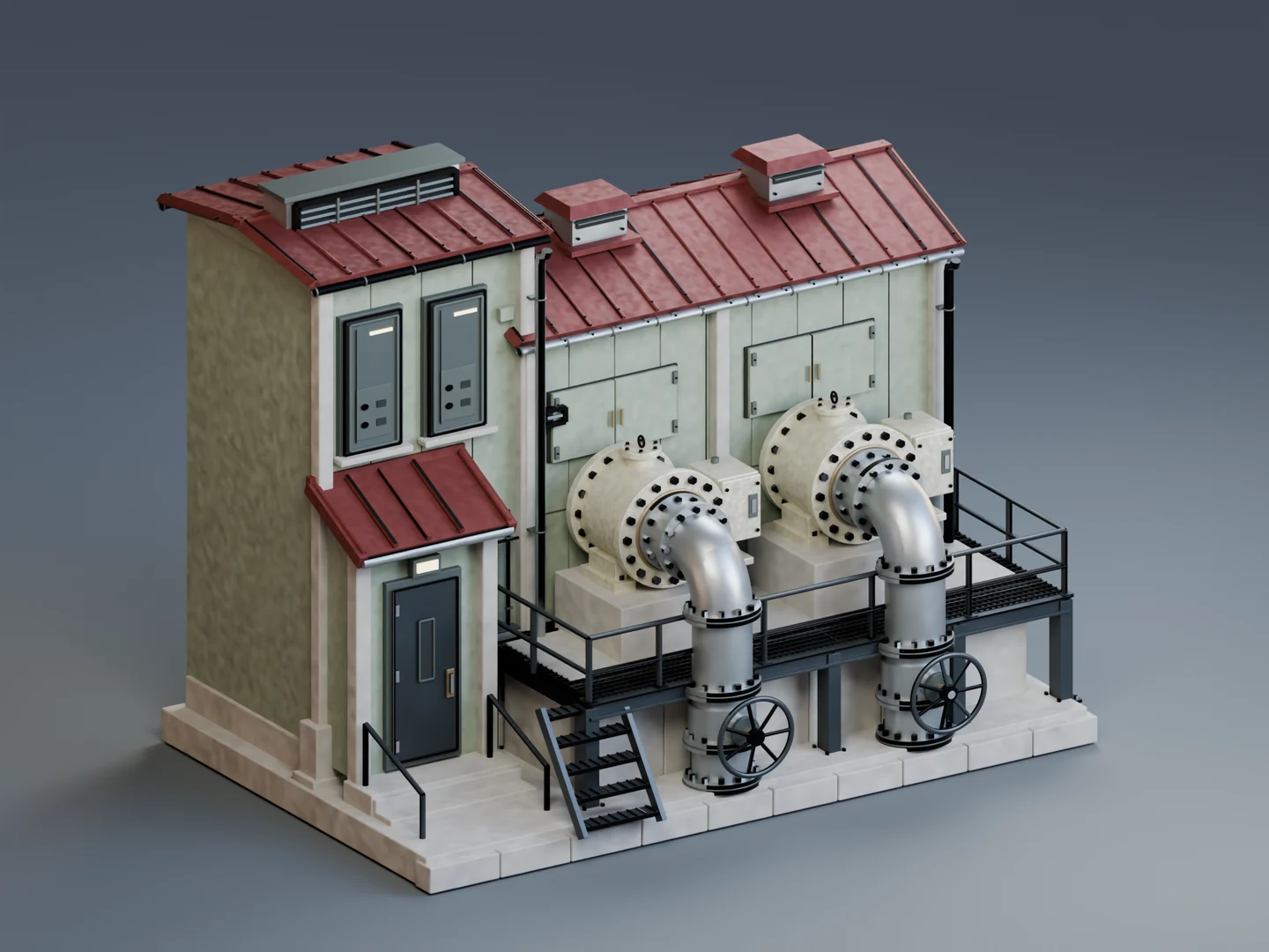 Original industrial facility with pale cladding and red roofing
