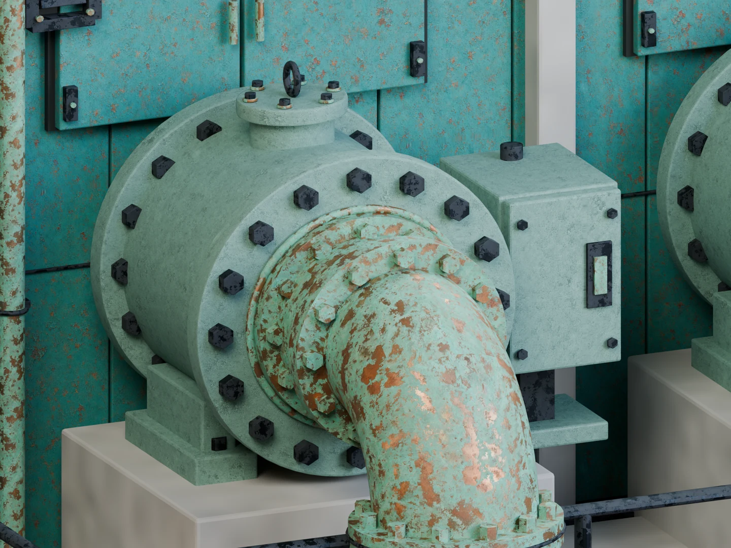 Same pipework covered in turquoise patina and worn copper