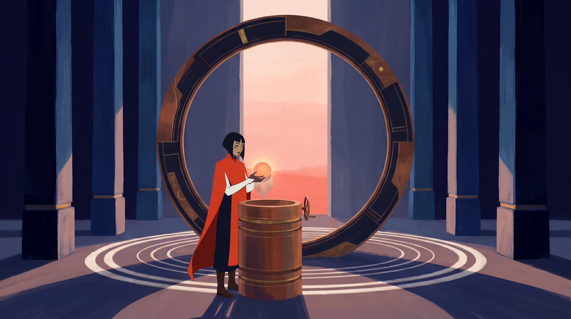 A keeper in a vermilion cloak carries a small sun inside a monumental blue observatory