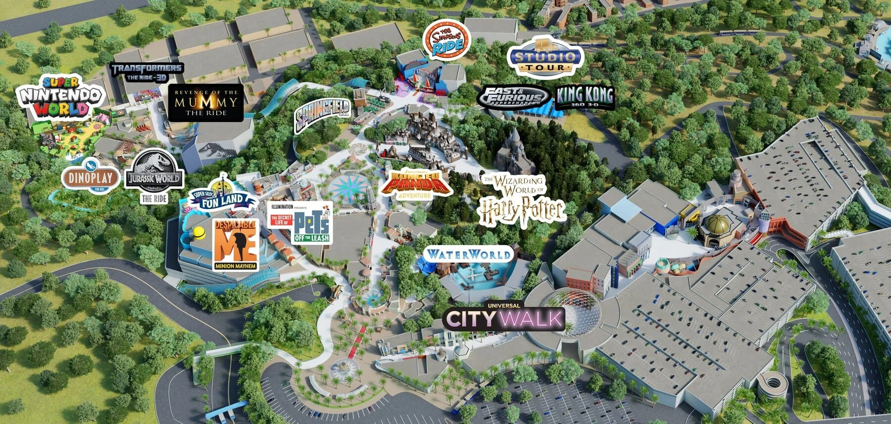 Illustrated reference map of Universal Studios Hollywood
