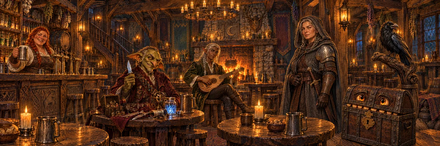 The painted tavern: Brunna behind the bar, Grizzlewick at his stall, Faelan by the hearth, Dame Wenna by a pillar, Nib on his perch and Old Hasp on the floor.
