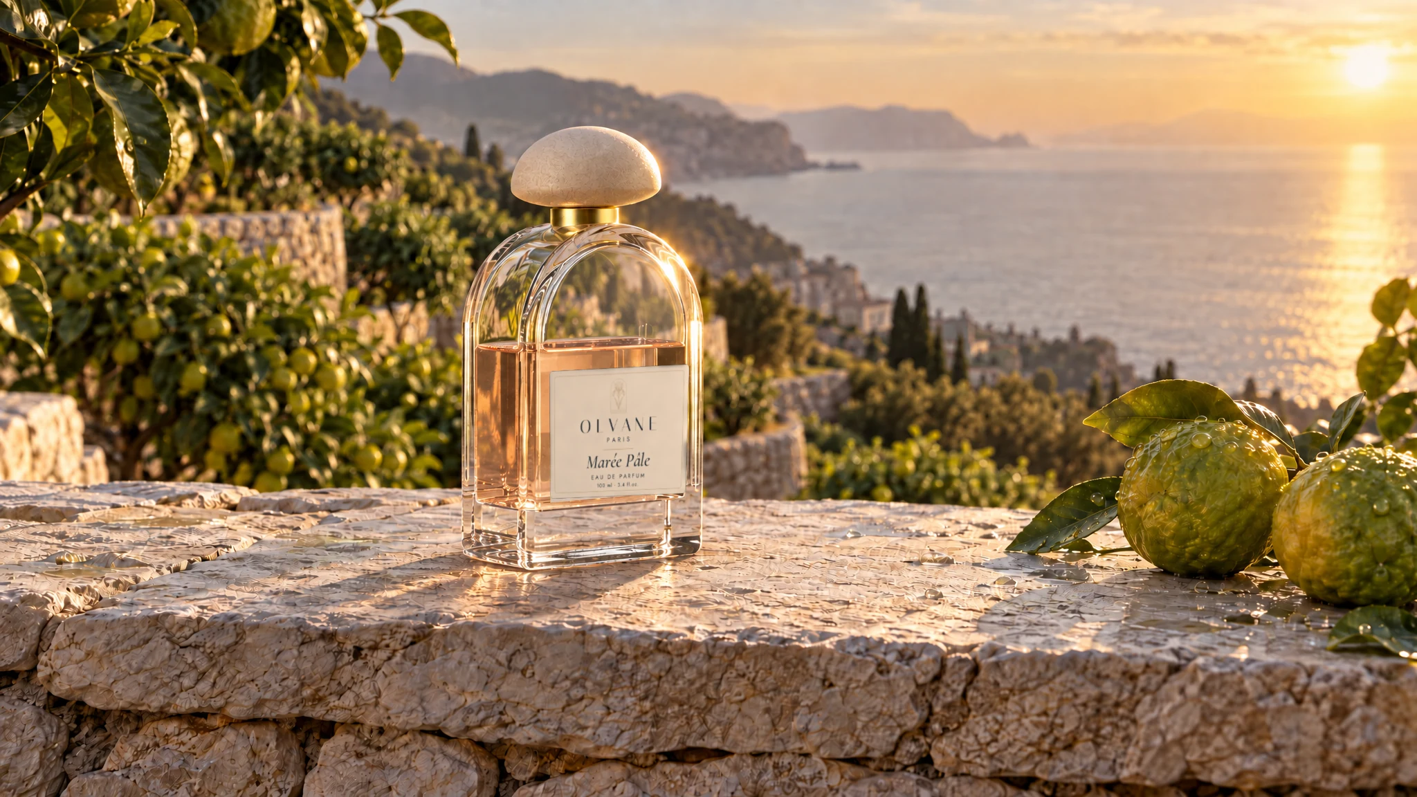 The Marée Pâle flacon in the bergamot world: a terraced grove on a sea cliff at first light; the flacon on the wall top, sun behind.